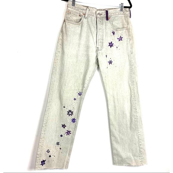 Vintage Levi’s 501 Jeans with Hand Painted Purple Flowers 32 33 - Picture 1 of 9